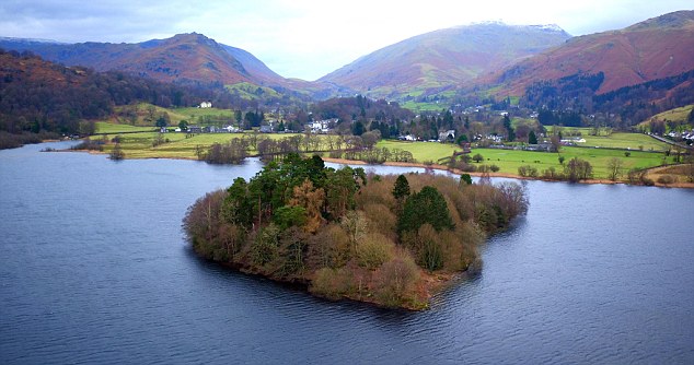 Aerial Drone photograph of Grasmere Island Lake District Cumbria filming image video Hovershotz national trust photo