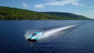 Aerial drone photograph of world electric waterspeed water speed record vector jaguar coniston world record hovershotz cumbria lake district battery-powered V20E